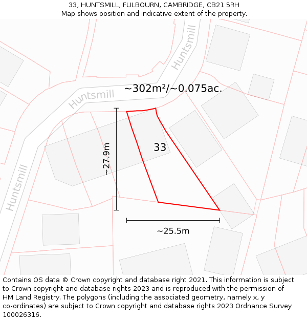 33, HUNTSMILL, FULBOURN, CAMBRIDGE, CB21 5RH: Plot and title map