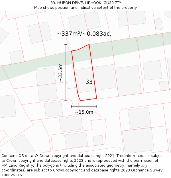 33, HURON DRIVE, LIPHOOK, GU30 7TY: Plot and title map