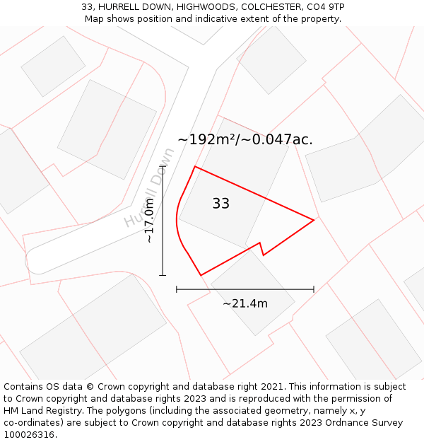33, HURRELL DOWN, HIGHWOODS, COLCHESTER, CO4 9TP: Plot and title map