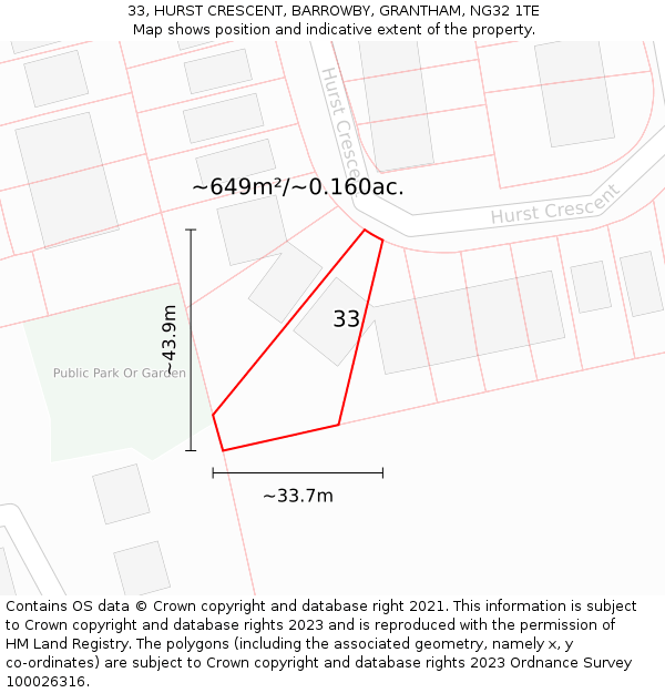 33, HURST CRESCENT, BARROWBY, GRANTHAM, NG32 1TE: Plot and title map