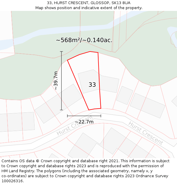 33, HURST CRESCENT, GLOSSOP, SK13 8UA: Plot and title map