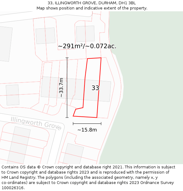 33, ILLINGWORTH GROVE, DURHAM, DH1 3BL: Plot and title map