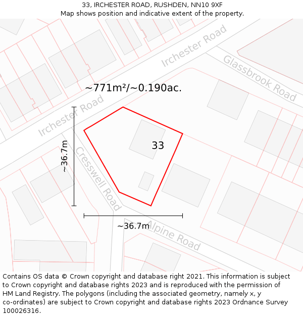 33, IRCHESTER ROAD, RUSHDEN, NN10 9XF: Plot and title map