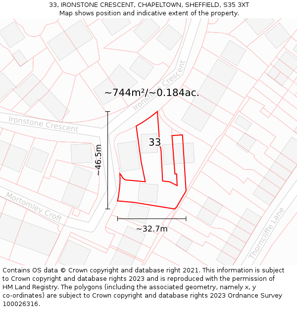 33, IRONSTONE CRESCENT, CHAPELTOWN, SHEFFIELD, S35 3XT: Plot and title map