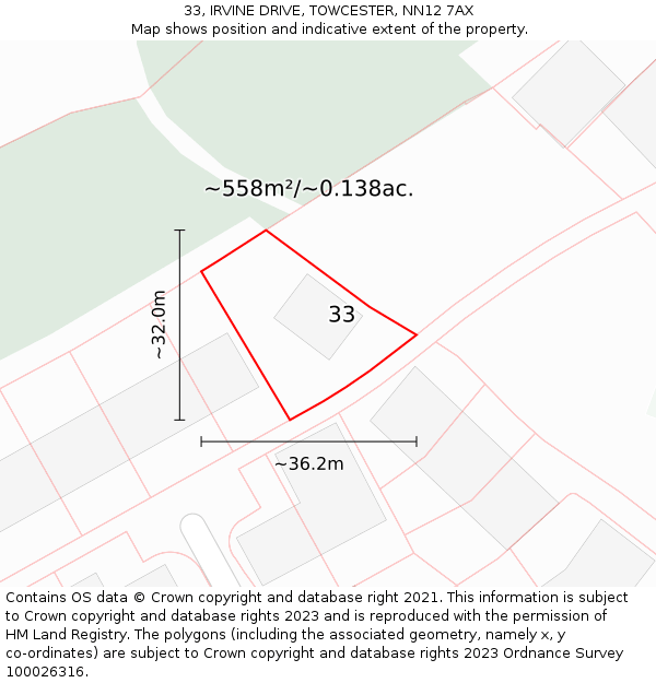 33, IRVINE DRIVE, TOWCESTER, NN12 7AX: Plot and title map