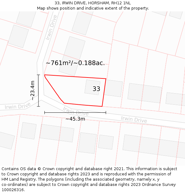 33, IRWIN DRIVE, HORSHAM, RH12 1NL: Plot and title map