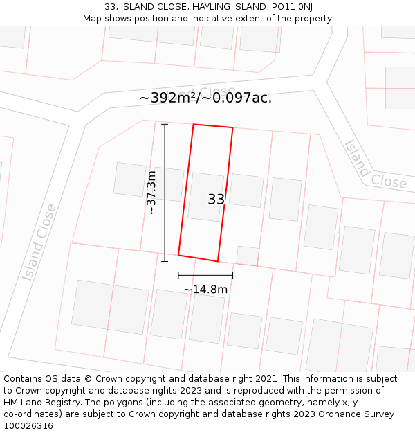 33, ISLAND CLOSE, HAYLING ISLAND, PO11 0NJ: Plot and title map