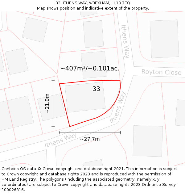 33, ITHENS WAY, WREXHAM, LL13 7EQ: Plot and title map