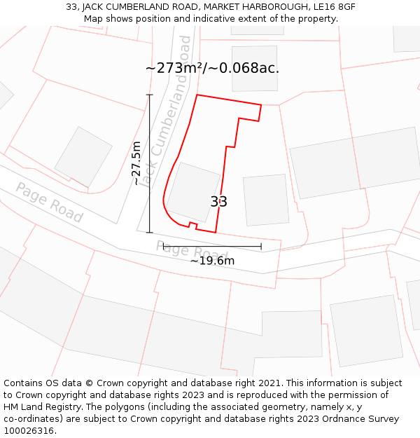 33, JACK CUMBERLAND ROAD, MARKET HARBOROUGH, LE16 8GF: Plot and title map