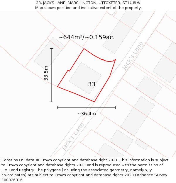 33, JACKS LANE, MARCHINGTON, UTTOXETER, ST14 8LW: Plot and title map