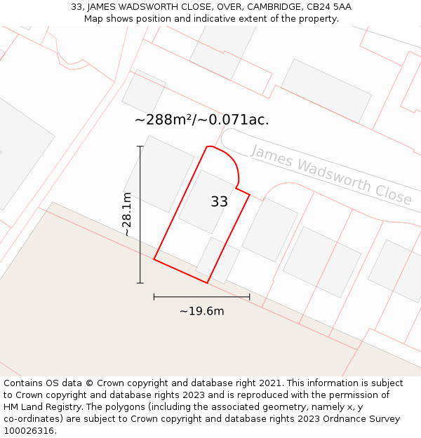 33, JAMES WADSWORTH CLOSE, OVER, CAMBRIDGE, CB24 5AA: Plot and title map