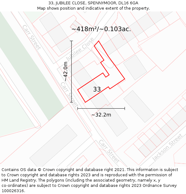 33, JUBILEE CLOSE, SPENNYMOOR, DL16 6GA: Plot and title map
