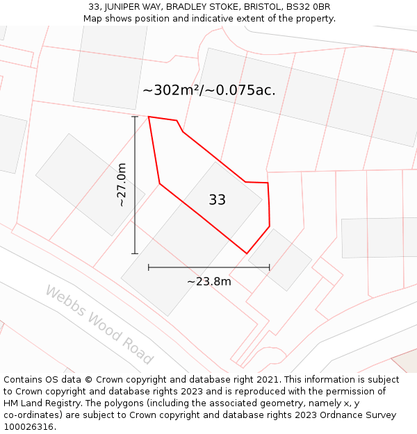 33, JUNIPER WAY, BRADLEY STOKE, BRISTOL, BS32 0BR: Plot and title map