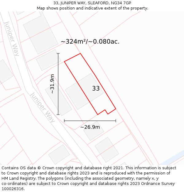 33, JUNIPER WAY, SLEAFORD, NG34 7GP: Plot and title map