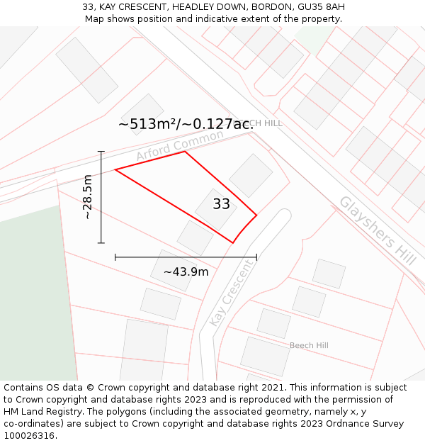 33, KAY CRESCENT, HEADLEY DOWN, BORDON, GU35 8AH: Plot and title map