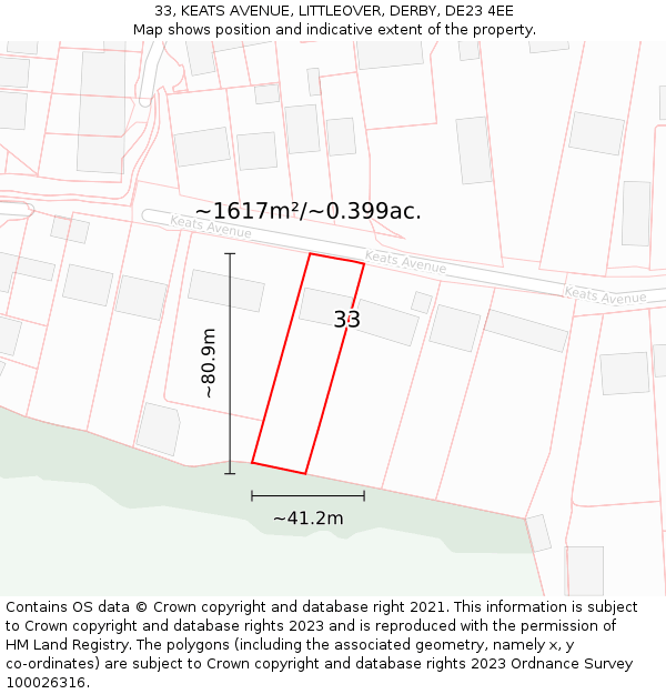 33, KEATS AVENUE, LITTLEOVER, DERBY, DE23 4EE: Plot and title map
