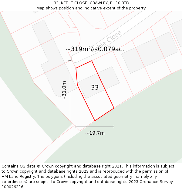 33, KEBLE CLOSE, CRAWLEY, RH10 3TD: Plot and title map