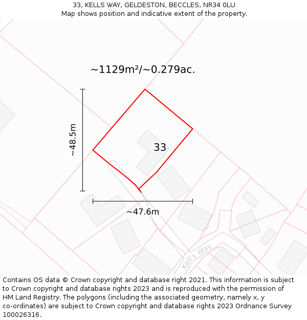 33, KELLS WAY, GELDESTON, BECCLES, NR34 0LU: Plot and title map