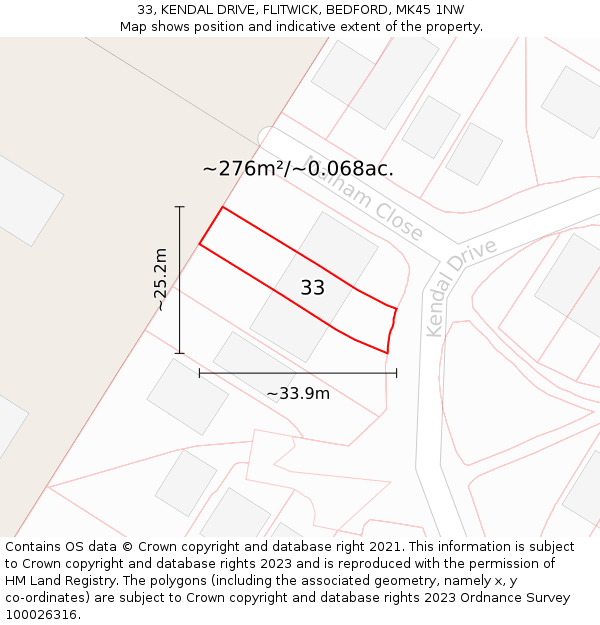 33, KENDAL DRIVE, FLITWICK, BEDFORD, MK45 1NW: Plot and title map