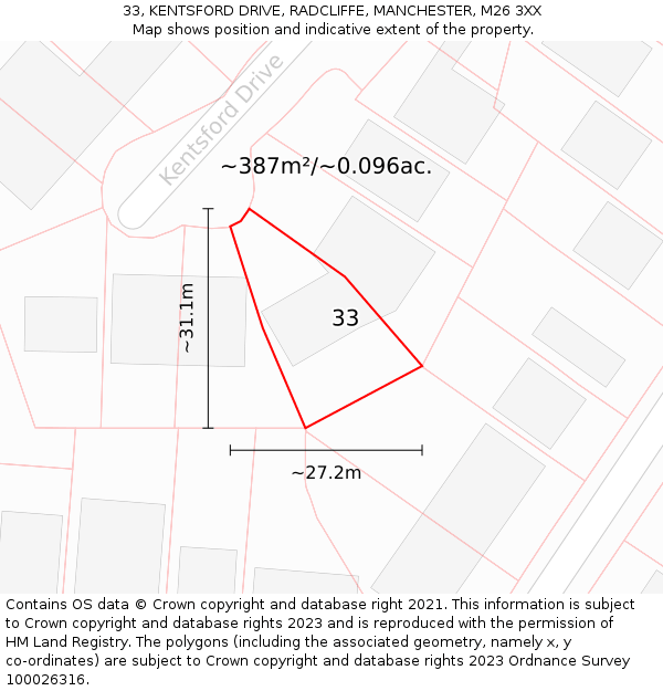 33, KENTSFORD DRIVE, RADCLIFFE, MANCHESTER, M26 3XX: Plot and title map