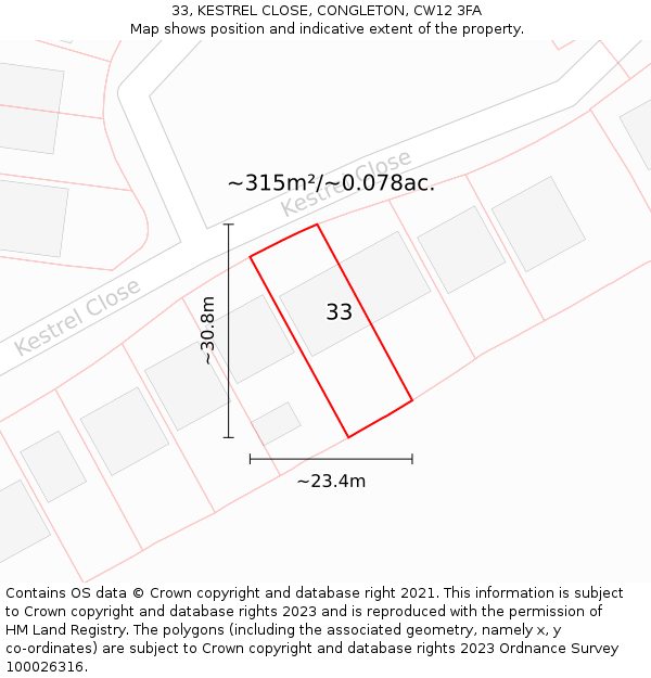 33, KESTREL CLOSE, CONGLETON, CW12 3FA: Plot and title map