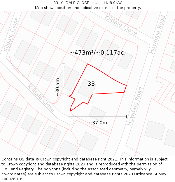 33, KILDALE CLOSE, HULL, HU8 9NW: Plot and title map