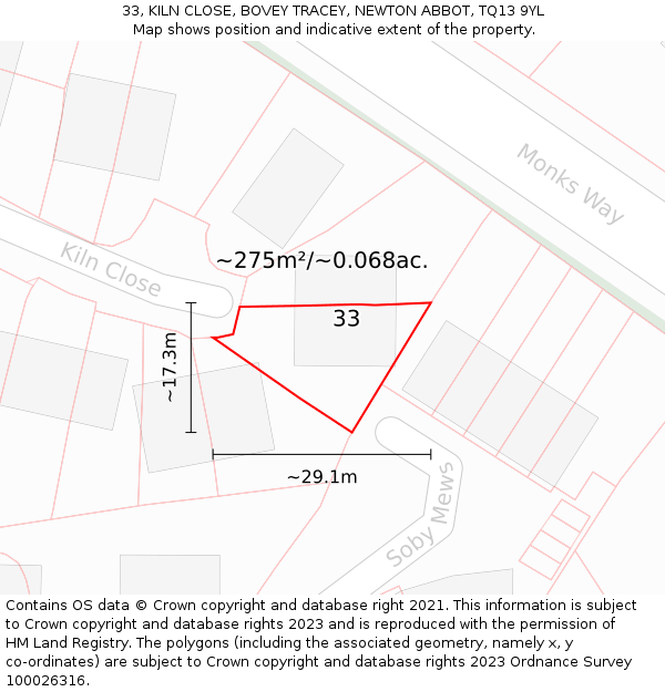 33, KILN CLOSE, BOVEY TRACEY, NEWTON ABBOT, TQ13 9YL: Plot and title map