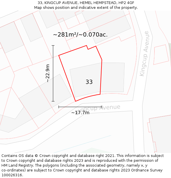 33, KINGCUP AVENUE, HEMEL HEMPSTEAD, HP2 4GF: Plot and title map