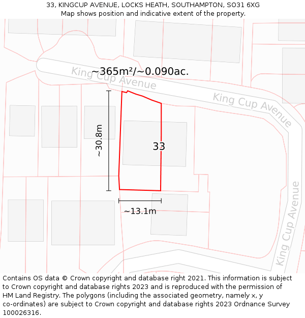 33, KINGCUP AVENUE, LOCKS HEATH, SOUTHAMPTON, SO31 6XG: Plot and title map