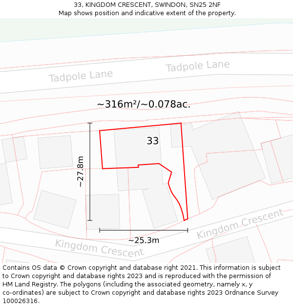33, KINGDOM CRESCENT, SWINDON, SN25 2NF: Plot and title map