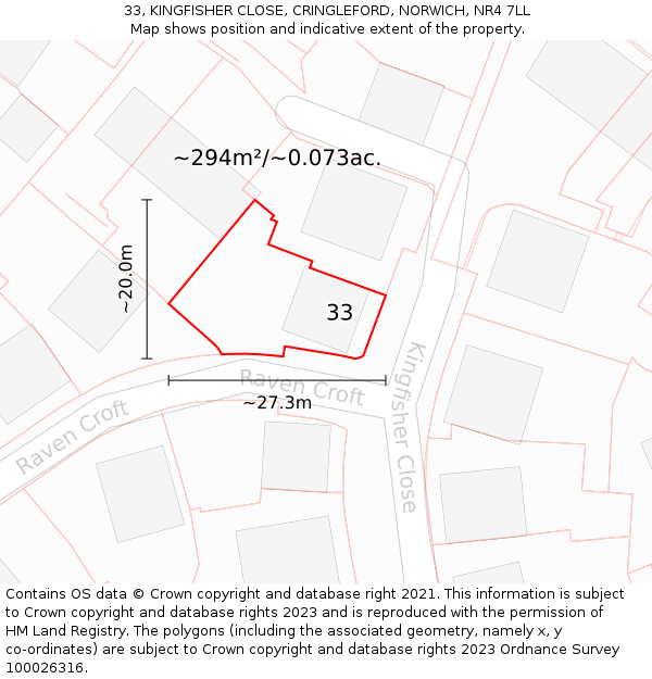 33, KINGFISHER CLOSE, CRINGLEFORD, NORWICH, NR4 7LL: Plot and title map