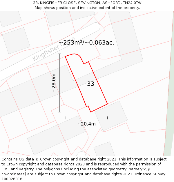 33, KINGFISHER CLOSE, SEVINGTON, ASHFORD, TN24 0TW: Plot and title map