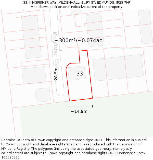 33, KINGFISHER WAY, MILDENHALL, BURY ST. EDMUNDS, IP28 7HF: Plot and title map