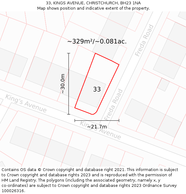 33, KINGS AVENUE, CHRISTCHURCH, BH23 1NA: Plot and title map