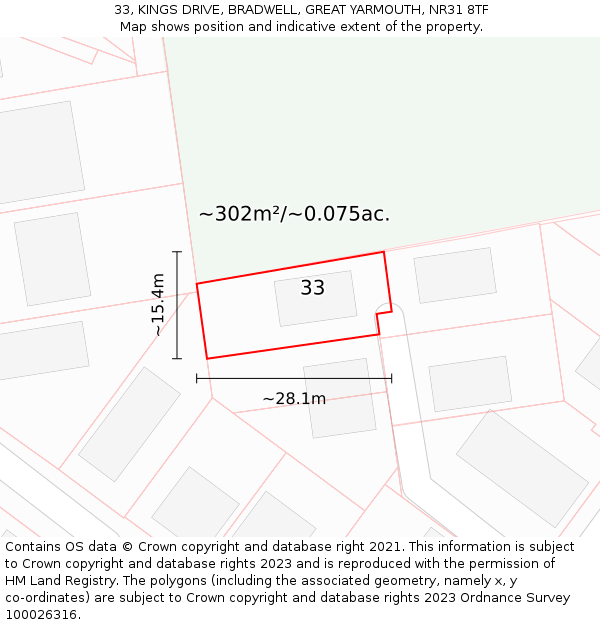 33, KINGS DRIVE, BRADWELL, GREAT YARMOUTH, NR31 8TF: Plot and title map