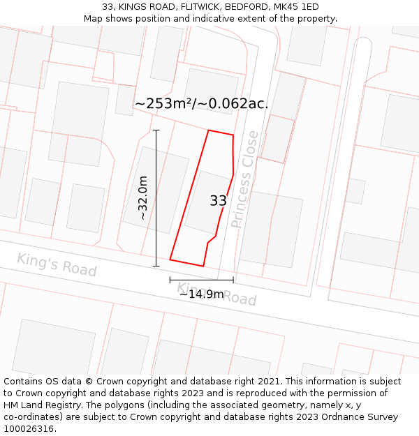 33, KINGS ROAD, FLITWICK, BEDFORD, MK45 1ED: Plot and title map