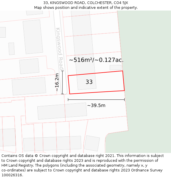 33, KINGSWOOD ROAD, COLCHESTER, CO4 5JX: Plot and title map