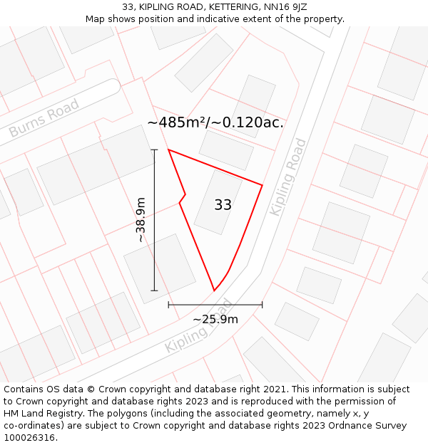 33, KIPLING ROAD, KETTERING, NN16 9JZ: Plot and title map