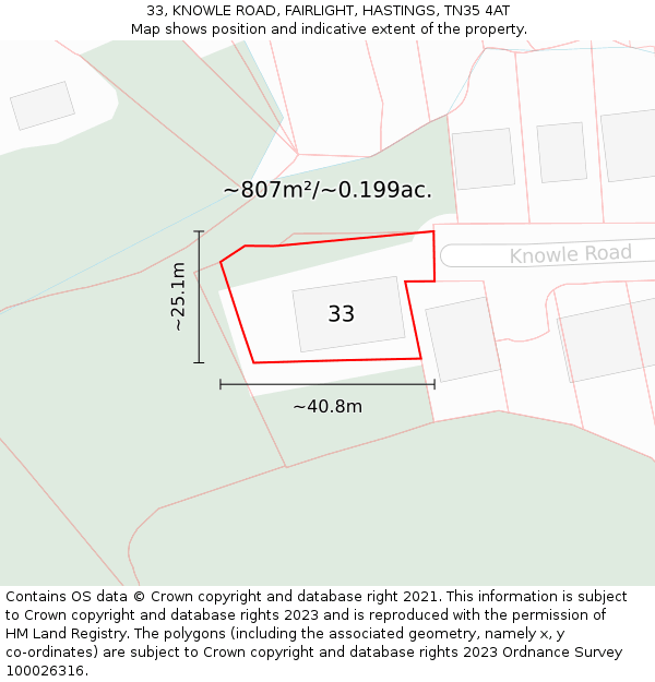 33, KNOWLE ROAD, FAIRLIGHT, HASTINGS, TN35 4AT: Plot and title map