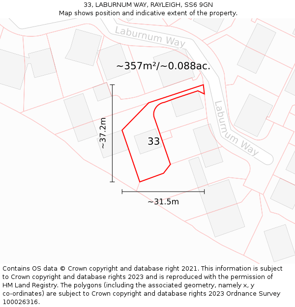 33, LABURNUM WAY, RAYLEIGH, SS6 9GN: Plot and title map