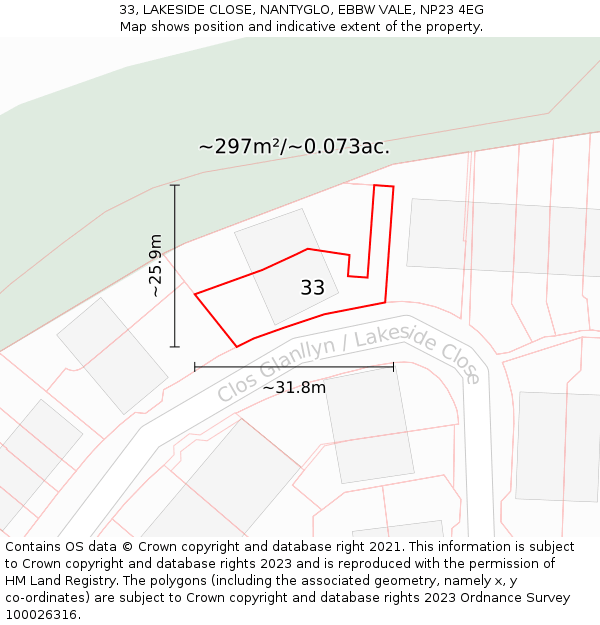 33, LAKESIDE CLOSE, NANTYGLO, EBBW VALE, NP23 4EG: Plot and title map