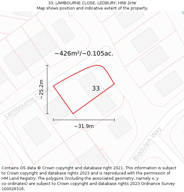 33, LAMBOURNE CLOSE, LEDBURY, HR8 2HW: Plot and title map