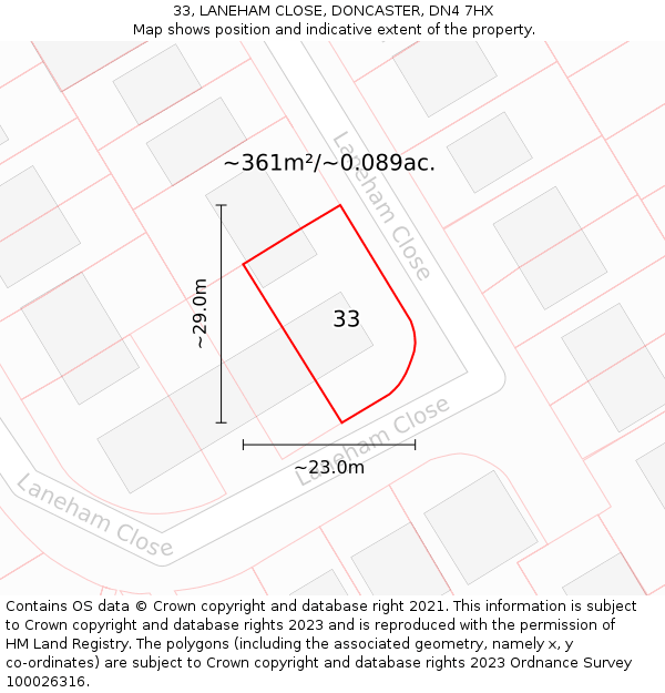 33, LANEHAM CLOSE, DONCASTER, DN4 7HX: Plot and title map