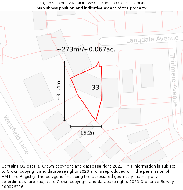 33, LANGDALE AVENUE, WYKE, BRADFORD, BD12 9DR: Plot and title map