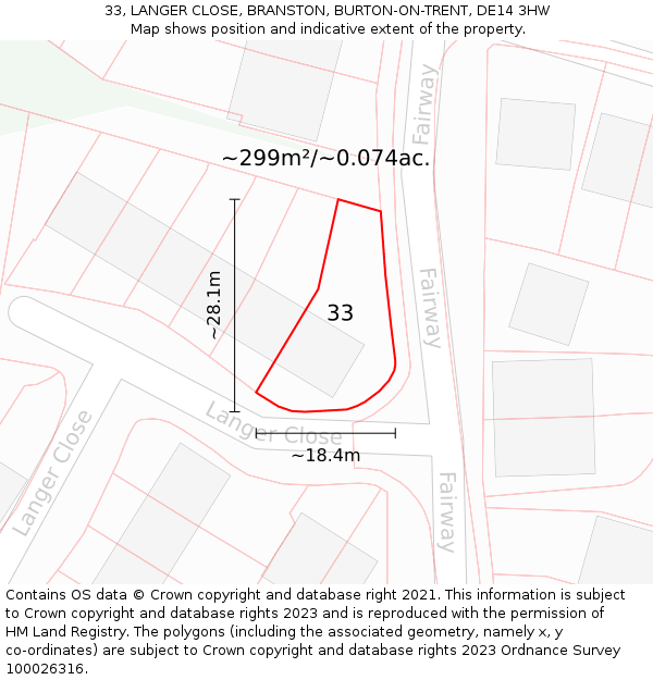 33, LANGER CLOSE, BRANSTON, BURTON-ON-TRENT, DE14 3HW: Plot and title map