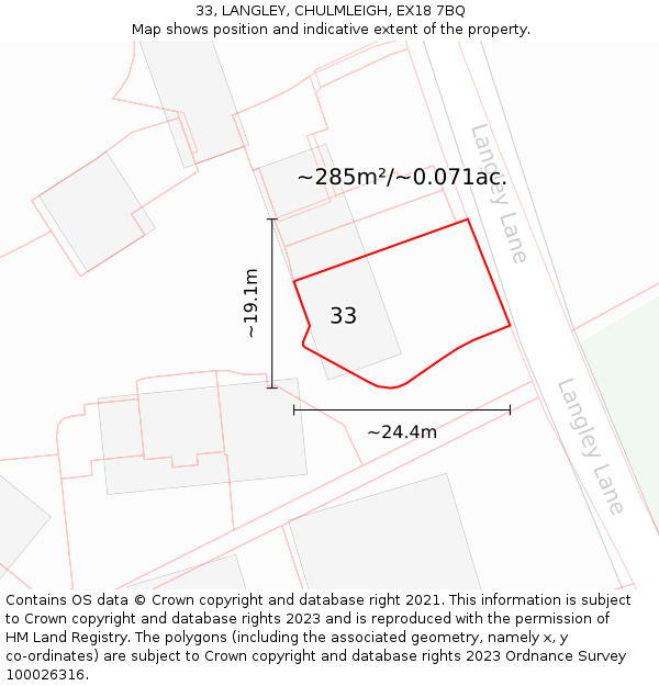 33, LANGLEY, CHULMLEIGH, EX18 7BQ: Plot and title map