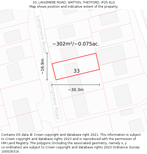 33, LANGMERE ROAD, WATTON, THETFORD, IP25 6LG: Plot and title map
