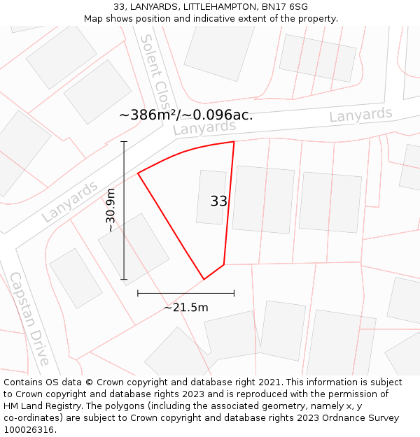 33, LANYARDS, LITTLEHAMPTON, BN17 6SG: Plot and title map