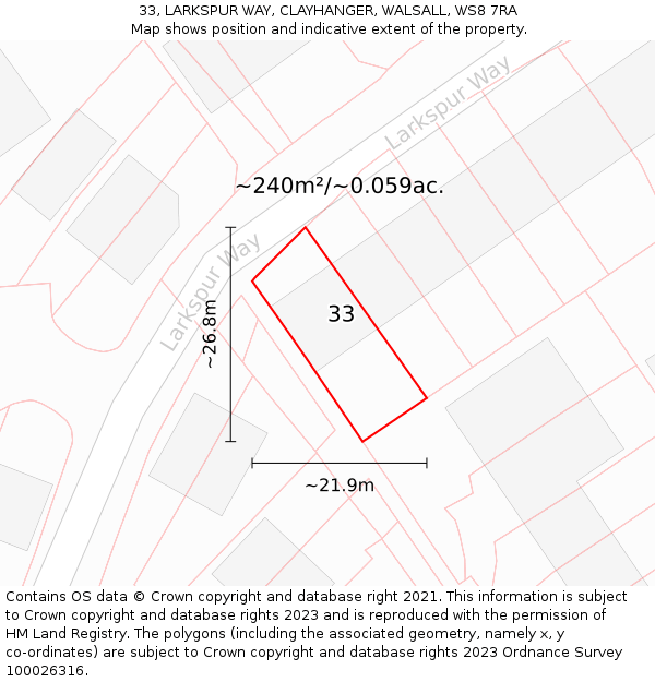 33, LARKSPUR WAY, CLAYHANGER, WALSALL, WS8 7RA: Plot and title map