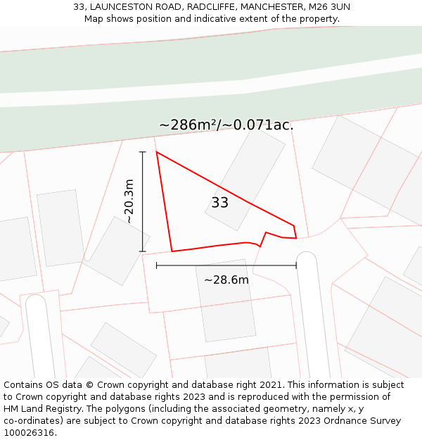 33, LAUNCESTON ROAD, RADCLIFFE, MANCHESTER, M26 3UN: Plot and title map